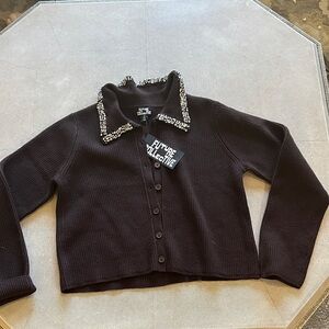 Future Collective Elegant Black Cardigan with Beaded Collar
